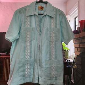 Vtg Haband Guayabera Short Sleeve Full Zip Embroidered Cuban Shirt Mint Green